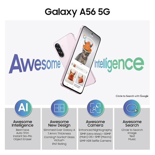 Image of Samsung Galaxy A56 5G (Awesome Pink, 12GB, 256GB) | Metal Frame | Gemini Live | Awesome Intelligence (AI): Circle to Search, Instant Slo-Mo, Auto-Trim, Object Eraser | Flagship Grade Camera