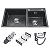 Vivrhintty 30-inch Black Kitchen Sink, Double Bowl Drop-in/Top-Mount 304 Stainless Steel with Nano Coating, Includes Drain Assembly & Fruit Basket for Modern Kitchen (30.7" x 16.9")