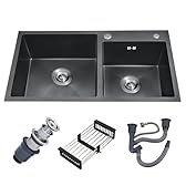 Vivrhintty 30-inch Black Kitchen Sink, Double Bowl Drop-in/Top-Mount 304 Stainless Steel with Nano Coating, Includes Drain Assembly & Fruit Basket for Modern Kitchen (30.7" x 16.9")