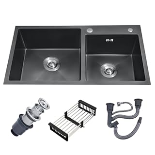 Vivrhintty 30-inch Black Kitchen Sink, Double Bowl Drop-in/Top-Mount 304 Stainless Steel with Nano Coating, Includes Drain Assembly & Fruit Basket for Modern Kitchen (30.7" x 16.9")