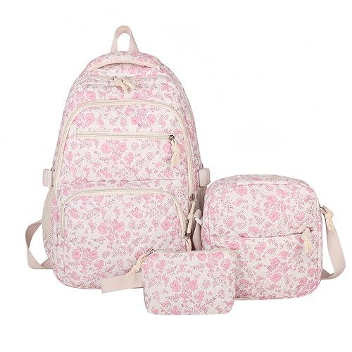 3pcs Backpack Bags Set With Cute Floral Quilted Backpack,Coquette Backpack,Blue Floral Backpacks,Florals Quilted Backpacks (Pink)