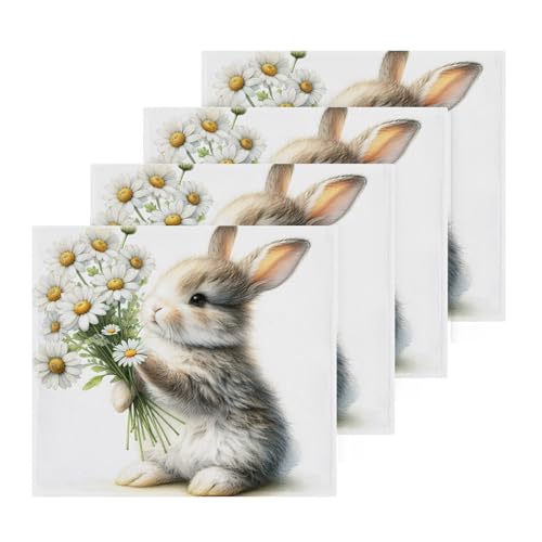 YANENDIE Cute Rabbit with Daisies Washcloths Towels, Highly Absorbent and Soft Cotton Face Cloths, 4 Pack Quick Dry Wash Cloths - 12 X 12 Inches