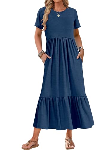 Image of AUSELILY Womens Summer Dresses 2025 Short Sleeve Maxi Dress Crewneck Casual Sundresses with Pockets
