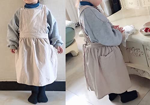 Losofar Children Cotton Apron Japanese Style Bib Home Clothes Painting Soft Comfort Pinafore Apron For Girls Boys (Khaki, 23.2"X25.9") #TOP5