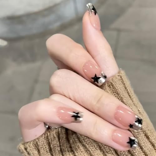 Uñas postizas cuadradas francesas con pegamento en forma de estrella a presión para mujeres y niñas en ataúd punta francesa de almendra