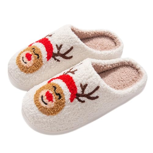 Cute Christmas Elk Slippers For Women & Men - Smiley Face Embroidery, Memory Foam House Shoes