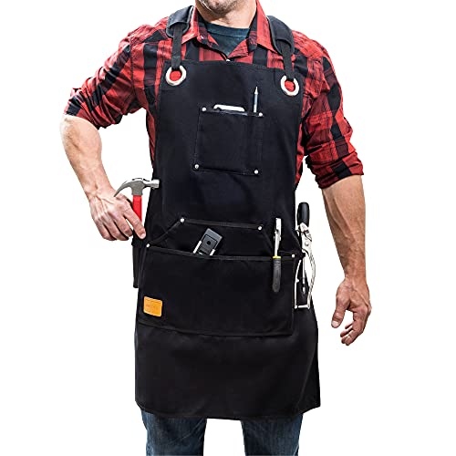 Carpenter Apron for Wood Working, Black - Woodworking Aprons with Pockets - Waxed Canvas Apron - Adjustable Work Apron and Tool Apron for Men - Water Resistant