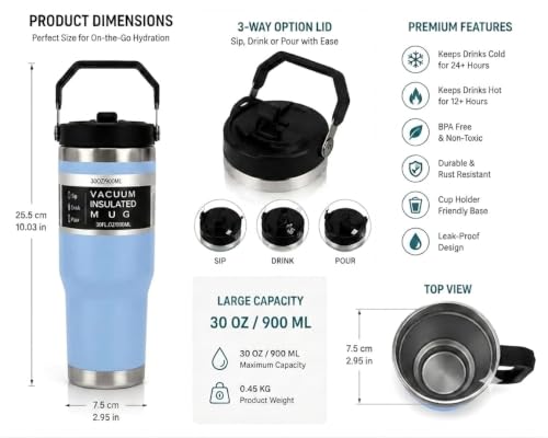 Image of 900ml Insulated Tumbler with Handle and Straw Lid | Stainless Steel Vacuum Mug | Leakproof Water Bottle | Hot & Cold Coffee Tumbler | Drinking Cup for Gym, Office, Car, Camping & Travel (Sky Blue)