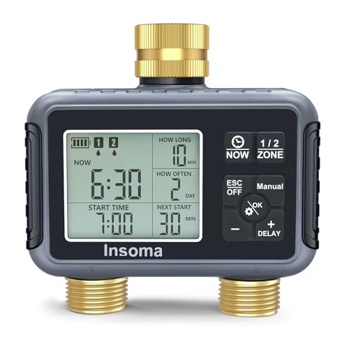Insoma Water Timer with Brass Inlet & Outlet, 2 Independent Zones Outdoor Hose Timer for Garden Faucet with Auto/Manual/Rain Delay Mode, Sprinkler Irrigation Controller for Yard Lawn