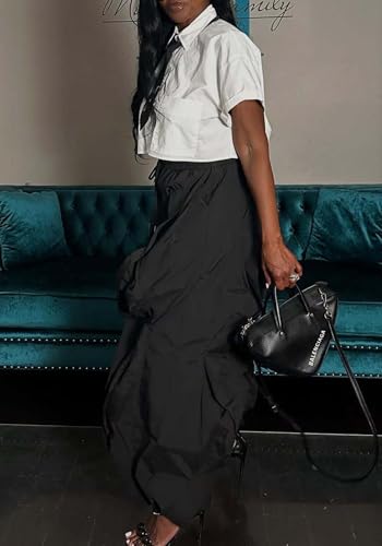 Women Casual Baggy Cargo Pants Trendy High Waisted Ruffle Patchwork Long Trousers with Drawstring4