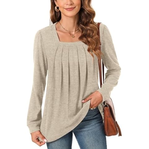 Anyally Womens Long Sleeve Tunic Tops Pleated Square Neck Casual Loose Fit Blouse Shirt for Leggings, L, Beige Cover