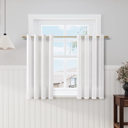 Image of Nanspring White Linen Short Curtains 45 Inch Length 2 Panels Set Grommet Soft Textured Cafe Kitchen Privacy Curtain Semi Sheer Light Filtering Neutral Drapery for Bathroom Bedroom Small Windows 52x45