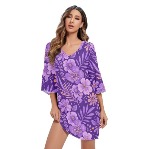 Robe en mousseline de soie violette motif floral aquarelle avec col en V fluide pour femme