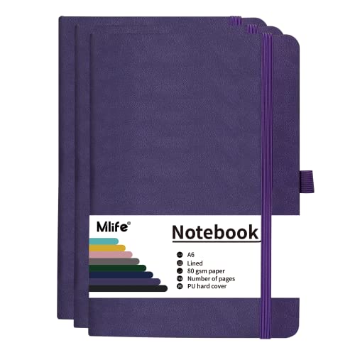 Mlife 3Pack A6 Petit Journal Carnet, 192 pages, Carnets A6 Mini Hardcover avec bande de fermeture élastique et pochette pliable (Violet)