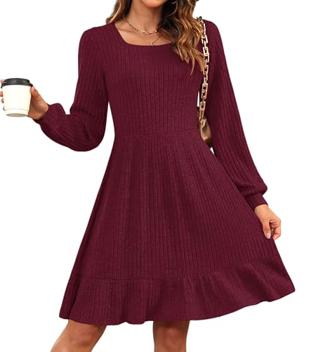 AUSELILY Damen Strickkleid Herbst Pulloverkleid Langarm Kleid Outfit Winterkleider,Weinrot M