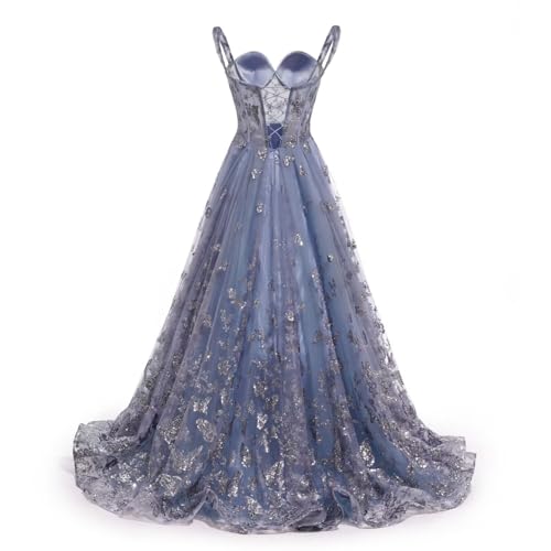 Miao Duo Women's 3D Butterfly Sparkly Tulle Prom Dresses 2024 Long Ball Gown Spaghetti Straps Formal Evening Dress YZTS1422