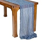 Qcwwy Boho Gaze Käse Tisch Stoff Bohemian Style Tischläufer Blau Polyester Falten Gaze Tischpfad Tischtuch Dekoration für Hochzeit Kerzenlicht Abendessen Geburtstag