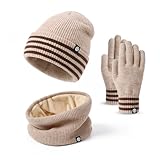 Baynetin 3-in-1 Winter-Set Beanie Hut Schal Handschuhe| Thermostrickmütze mit Umschlagkante + Fleece-Schal & Touchscreen-Handschuhe | Dehnbares Winddichtes Set für Kälte (Khaki)