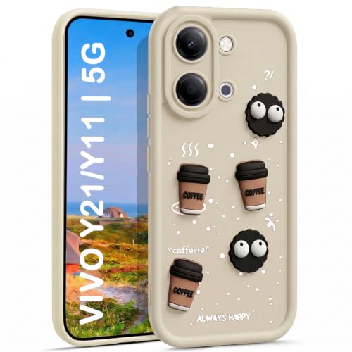 Image of TRUEUPGRADE Back Case Cover Compatible for Vivo Y21 / Vivo Y11 5G | Cute Fun Cartoon 3D Ball | Coffee Silicone Case | Camera Protection | Body Protection |Shock Proof | Color White
