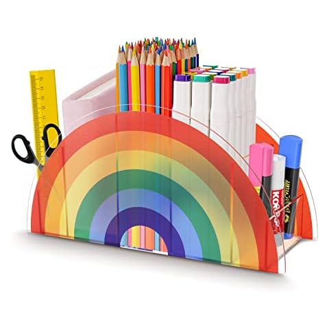 DricRoda Pencil Holder for Desk - Pen Organizer for Home School Office Desktop Supplies, Acrylic Desk Supply Organizer for Kids Girl Women, Art Rainbow Multifunctional Storage for Crayon Makeup Brush Cover