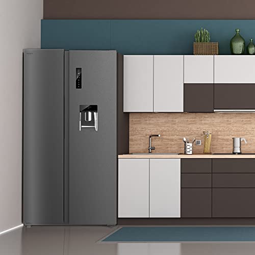 Cecotec-Frigorifico-Americano-2-Puertas-Bolero-CoolMarket-SBS-559-Dark-559-Litros-176-cm-de-Alto-y-90-cm-de-Ancho-Dispensador-de-Agua-LED-interior-Modo-Vacaciones-No-Frost-Gris-Oscuro