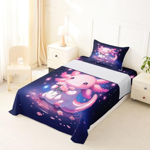 Image of jejeloiu Cute Axolotl Bed Sheets Set Twin Size Cartoon Pink Axolotl Bed Set Kawaii Salamander Sea Ocean Animal Deep Pocket Fitted Sheet Purple Dreamy Starry Breathable Soft Lightweight Microfiber