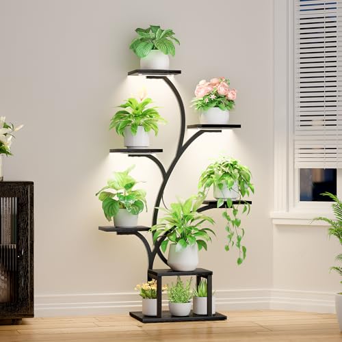 Image of BACEKOLL Plant Stand Indoor with Grow Lights, 7 Tiered Indoor Plant Shelf, 49 inch Corner Plant Stands for Indoor Plants, Metal Plant Flower Display Shelf, Tree-Shaped Plant Rack for Home, Black