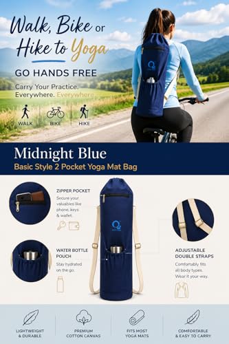 Image of O2 Yoga Mat Bag | Basic Style Cotton Yoga Mat Carry Bag with Adjustable Double Straps | Bottle Holder & Zipper Pocket | Yoga Mat Cover Bag for Women & Men | Fits 2mm-10mm Mats - Midnight Blue