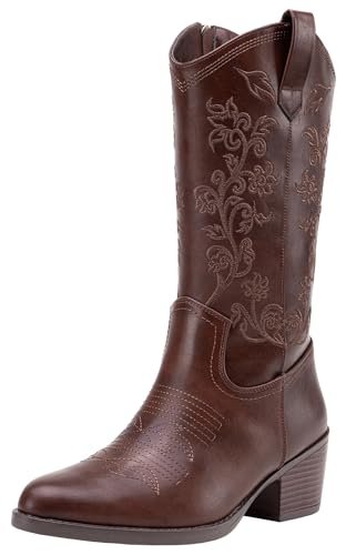 Vepose 9803 Cowboy Boots Women, Cowgirl Embroided Western Pull on Pointed Toe Mid-Calf Chunky Heel Boots with Inside Zipper