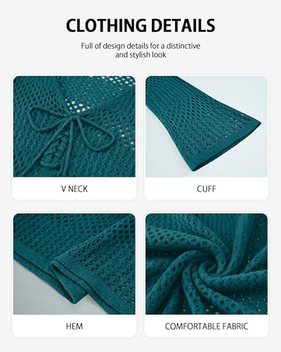 Image of Bsubseach Women Swimsuit Crochet Coverup Long Sleeve V Neck Beach Dress