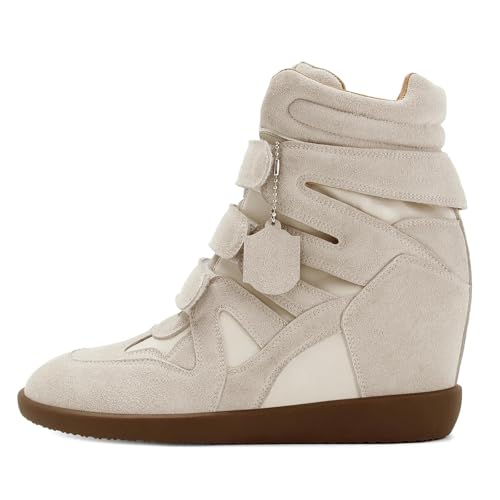 Dsevht Hidden Wedge Sneakers for Women High Top Fashion Sneaker Suede High Heel Platform Tennis Triple Strappy Band Casual Vintage Dressy Comfy Campus Trendy Retro Sneaker Beige