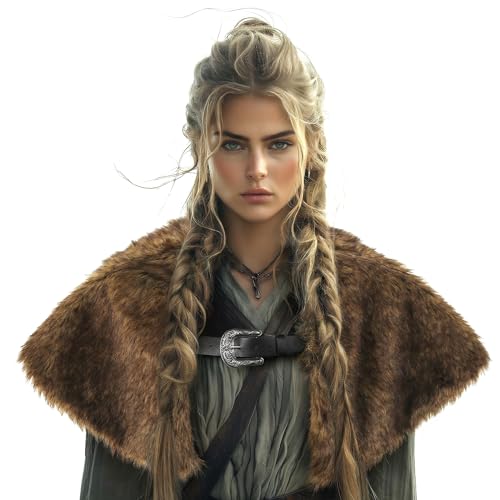 Viking Fur Shawl Collar Medieval Faux Fur Mantle Shoulder Wrap for Women Viking Costume Accessory (Dark Brown One Size)