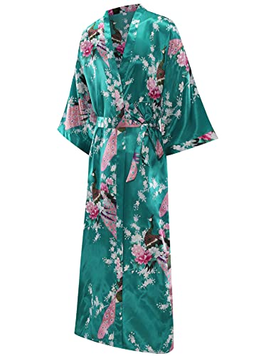 Image of Women's Floral Long Satin Robes Plus Size Long Silk Robes Peacock Floral Kimonos Sleepwear Dressing Gown