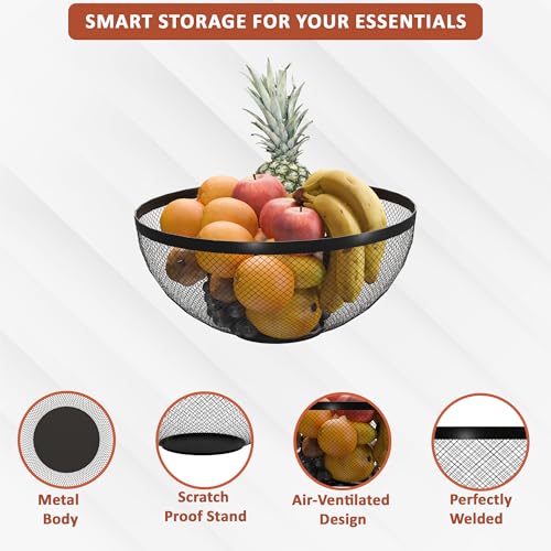 Image of Kuber Industries Metal Fruits & Vegetables Basket Bowl | Veggie Baskets for Dining Table Accessories | Storage Bowls for Decorative Pantry, Home & Kitchen Multi-Purpose Use - Black 27x27x13 cm