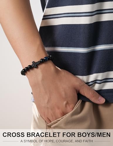 Cross Beaded Bracelet with Blue Tiger Eye – Christian Gift for Teen Boys & Men, Son, Grandson, Nephew, Brother – Baptism, Confirmation, First Communion Birthday, Graduation, Christmas Gifts2