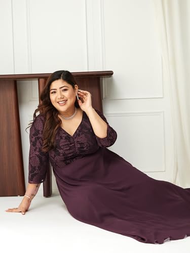 Image of Miss Chase A+ Women's Floral Printed Relaxed Fit V -Neck 3 /4Th Sleeve Georgette Maxi Dress