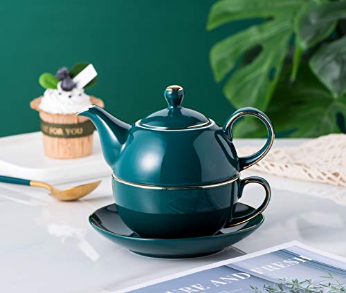Jusalpha Dark Turquoise Green Fine China 16 Oz Teapot- Tea Cup- Saucer Set, Tea-For-One Set #08 #TOP7