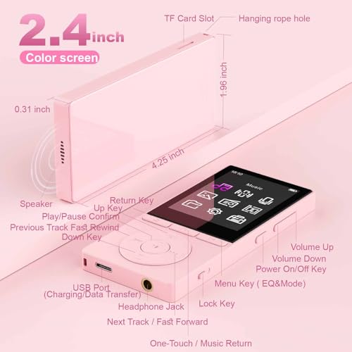 Image of 64GB MP3 Player with Bluetooth 5.3, Music Player with HiFi Sound for Sports Runners, 2.4 inch Screen MP3 Player Built in HD Speaker Voice Recorder E-Book, Expanded Up to 128GB, Earphone Included, Pink