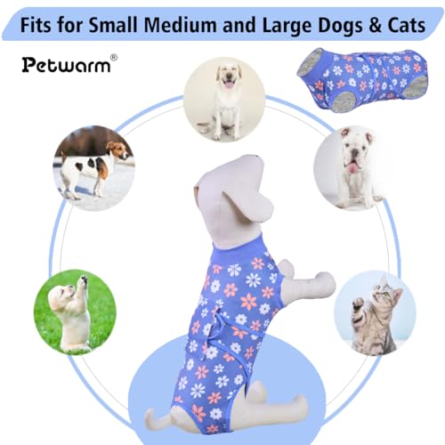 Image of PetWarm Dog Surgical Recovery Suit, Dog Bodysuit for Sensitive Skin Areas, Surgical Suit for Dogs Abdominal Affected Areas Bandages, Substitute E-Collar and Cone, Flower Pattern, Blue, XS
