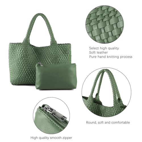 Image of Woven Tote Bag for Women Retro Handwoven Shoulder Travel Handbag Large Capacity Hobo Vegan Leather Bags with Purse