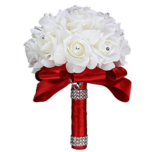 Ramo de novia, DesignerBox de flores de boda, ramo de novia, rosas hechas a mano, cinta de espuma, flores de dama de honor para boda, cumpleaños (rojo)
