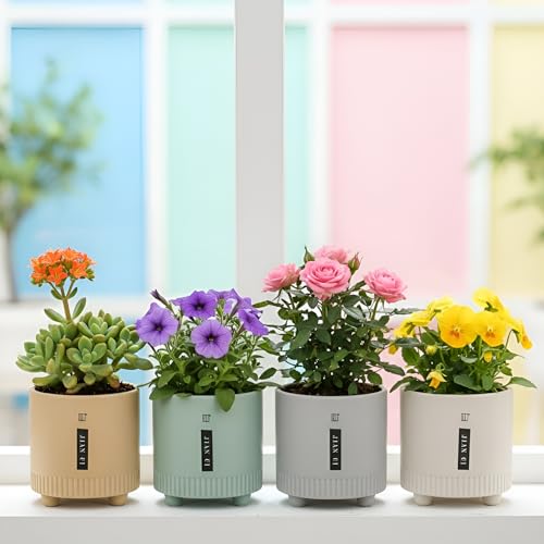 Image of Xtore Elegant Ribbed Ceramic Planter Set for Indoor Plants | Modern Minimal Desk & Shelf Pots with Raised Base (Pack of 4, Planter only)