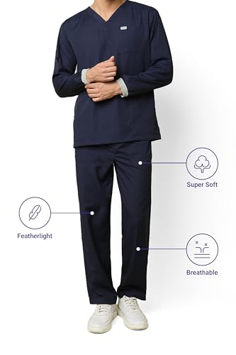 Image of KNYA Active Men's 5-Pocket Longsleeves Scrubs | Set of Top & Bottom | V Neck | Breathable Fabric | Comfortable | Durable | Uniform for Doctors, Nurses and Dentists (2XL, Navy Blue)