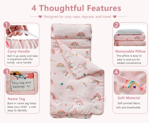 Image of Toddler Nap Mat with Removable Pillow,Ultra Soft Slumber Bags for Girls,Kids Sleeping Bags with Roll Up Design, Perfect for Preschool,Daycare,Kindergarten