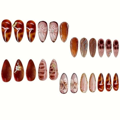 Image of Flower Press on Nails Brown Fake Nails with Gold Design Fall Glue on Nails Medium Almond False Nail Glossy Full Cover Artificial Acrylic Stick on Nail for Women Girls Manicure 24Pcs