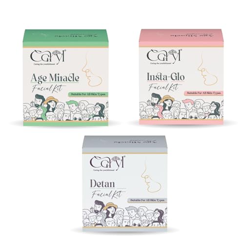 Image of Caryl Age Miracle, Insta-Glo & Detan Facial Kit Combo For Remove Tan & Dark Spot, Minimizes Pores,Brightening Skin & Even Tone With Glycolic Acid, Licorice|All Skin Types 30g (Pack of 3 + 10 Wipes)