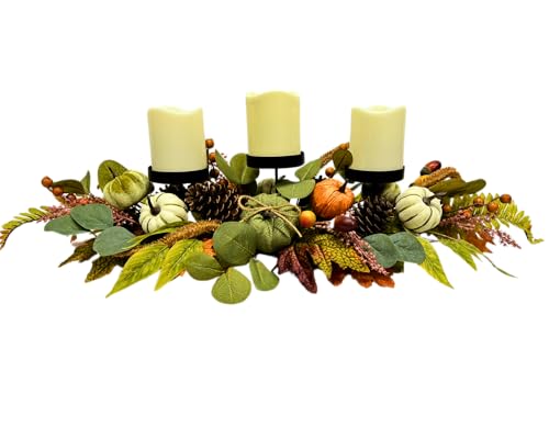 Svndlyn 3 portavelas de otoño, Acción de Gracias, centro de mesa, decoración con bayas de calabaza, piña, bellota, arce y hojas de eucalipto, para Acción de Gracias, festival de cosecha de otoño