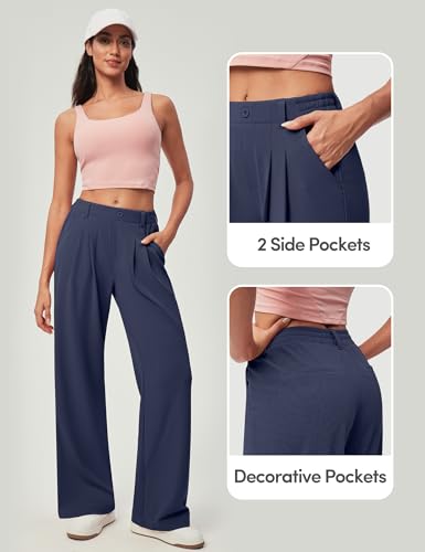 IUGA Wide Leg Pants Woman Pull on Stretchy Work Dress Pants High Waisted Business Casual Trousers Slacks 26'' X-Small, Petite Dark Blue4