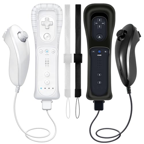 Image of HZIME Replacement Remote Controller Compatible for Wii & Wii U, Built-in 2 in 1 Motion Plus with Silicon Case and Nunchuck (2 Pack White & Black)