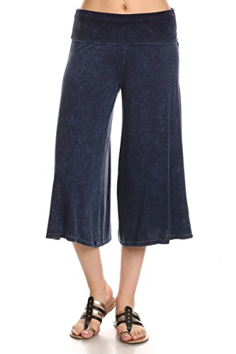 HEYHUN Women's Solid Tie Dye Wide Leg Flared Capri Boho Gaucho Pants w/Lace Detail